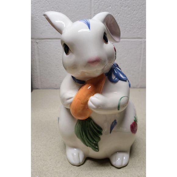 Lenox Poppies on Blue Barnyard Ceramic Cookie Jar Easter Bunny Rabbit Carrot BOX - Picture 3 of 9